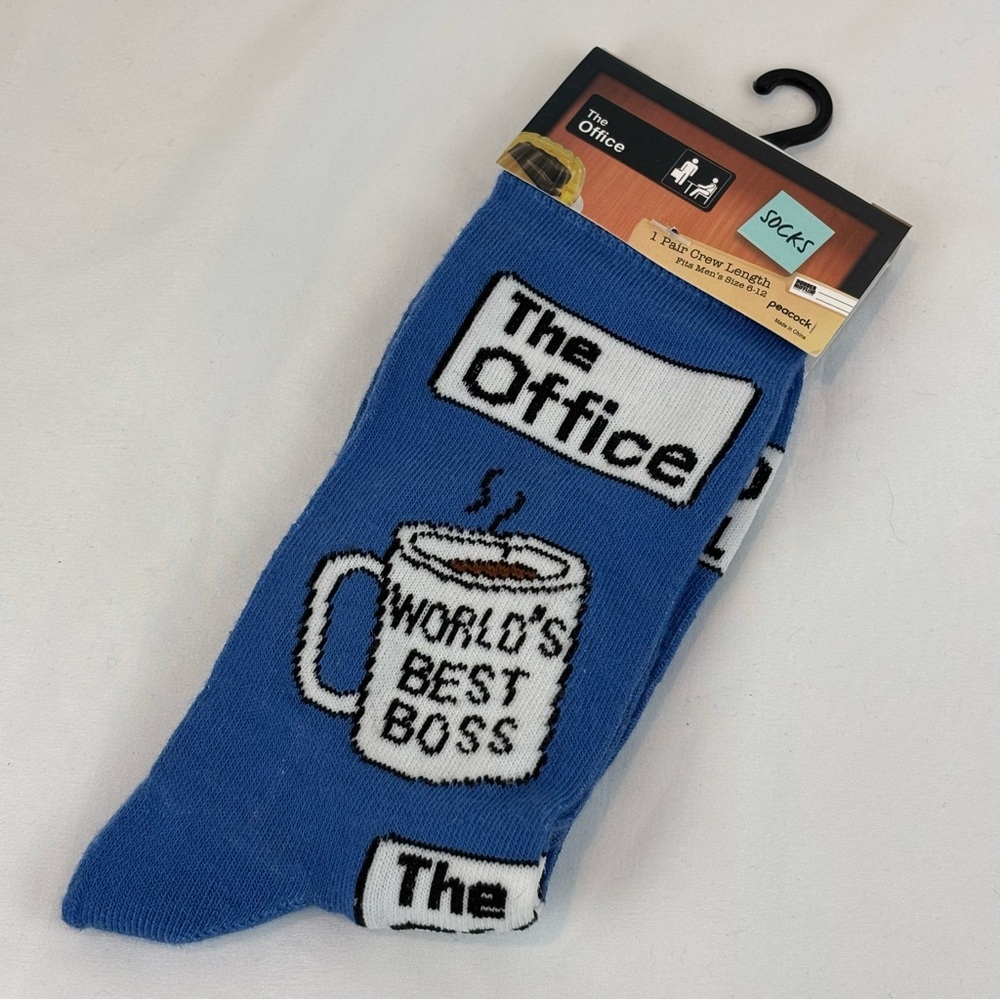 NWT The Office World's Best Boss Socks Blue White Crew Length Men's 6-12